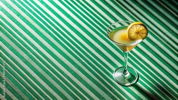 Fototapeta Aerial view of a cocktail on a table with striped green background