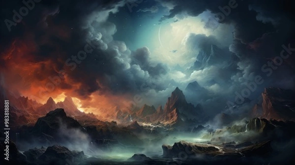 Fototapeta 月光と広大な自然風景イラスト,Generative AI AI画像