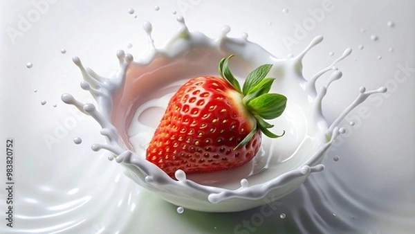 Fototapeta Aerial view of floating strawberries in yogurt and milk splashes isolated on white background