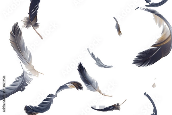 Fototapeta A whimsical display of colorful feathers gracefully floating in the air against a bright white background