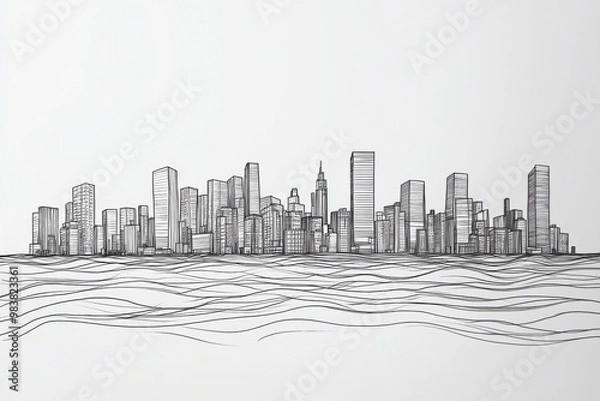 Fototapeta Minimalist skyline illustration over water, showcasing modern architecture and city life with a serene, artistic touch.