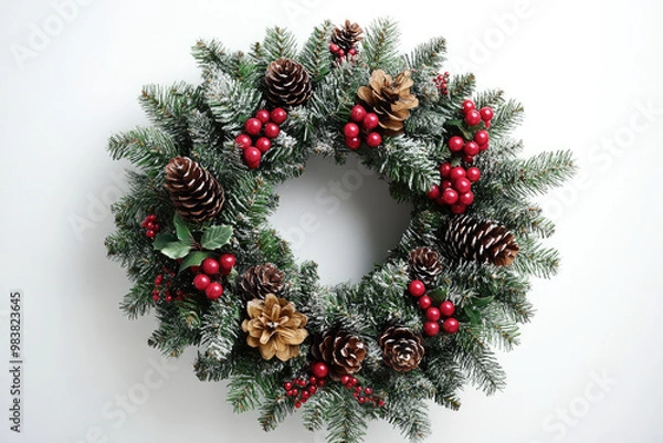 Fototapeta Traditional Christmas Wreath with Pinecones and Red Berries on White Background
