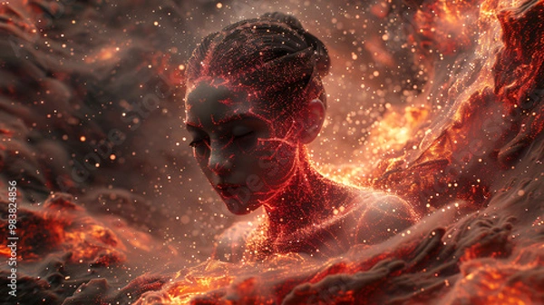Fototapeta Quantum Necrotic Field: A 3D abstract background depicts a swirling quantum field filled with dark energy and decaying particles. Within the field, a shadowy, 