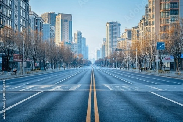 Fototapeta Empty City Street with Tall Buildings and Blue Sky