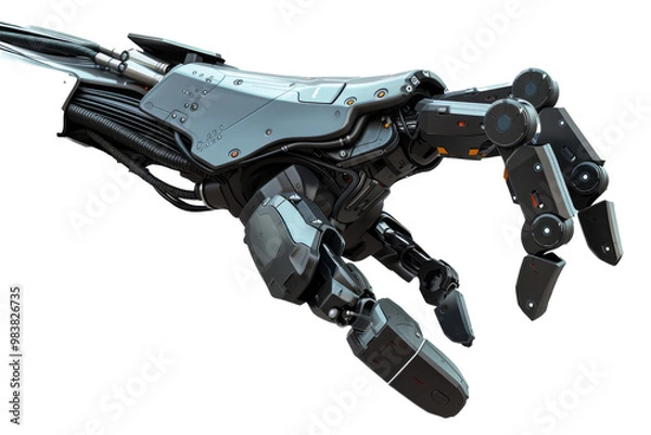 Obraz A detailed robotic arm showcasing advanced mechanics and articulation with intricate wiring and tools in a workshop setting