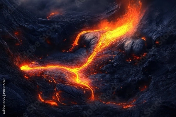 Fototapeta A intense image of glowing lava flowing between dark, jagged rocks.