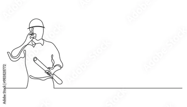 Fototapeta contractor man calling client and bringing roll of paper.single line vector illustration.continuous line.isolated white background