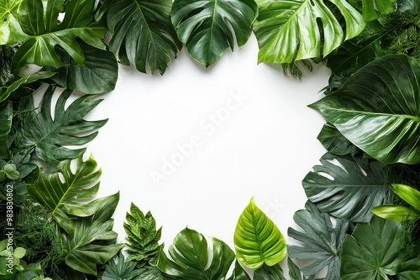 Fototapeta A rectangular frame made entirely made with tropical leaves isolated on white background