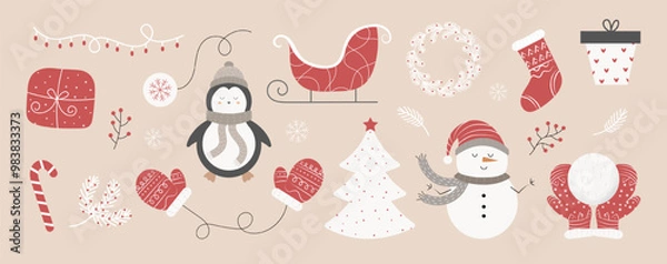 Fototapeta Christmas set of elements. Snowman, Christmas tree, sled, sock, glove. Textured vector illustration