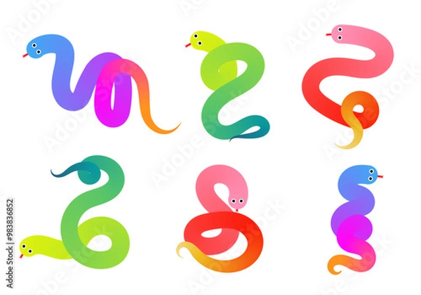 Fototapeta Trendy gradient snake collection. 3d icon set of cute funny snakes
