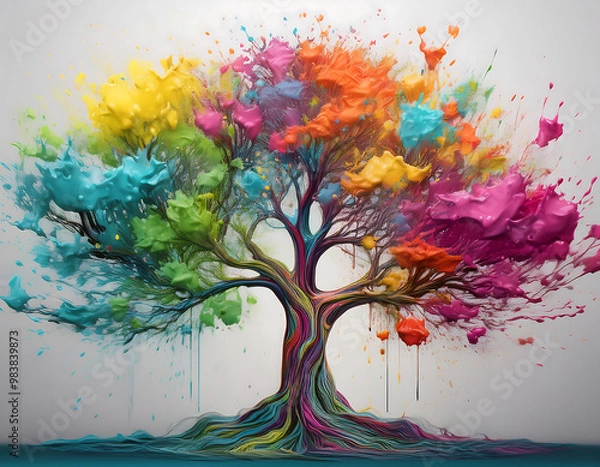 Fototapeta Vivid Symphony: A Colorful Tree of Life Depicting Growth, Vitality, and Artistic Expression in a Splash of Paint