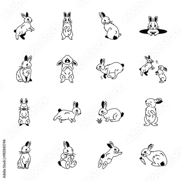 Fototapeta Bundle of Cute Bunny Drawing Style Icons 

