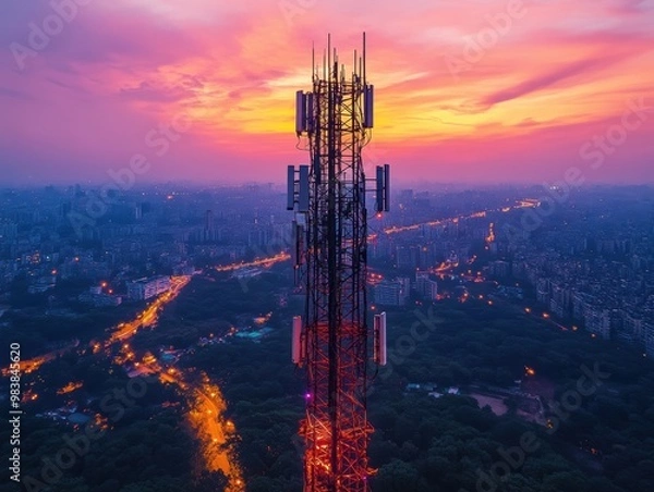 Fototapeta Telecommunication Tower Silhouette Against Vibrant Sunset: An aerial view of a tall telecommunication tower silhouetted against a breathtaking sunset, painting the sky with vibrant hues of pink and or
