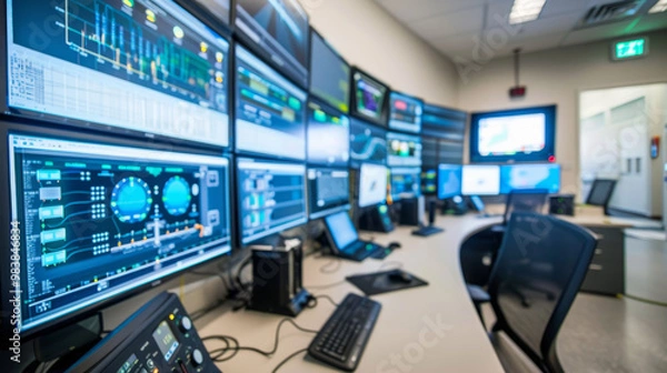 Fototapeta High-tech energy command center. Optimizing renewable resources through sophisticated algorithms. Advanced technology and data-driven solutions in a technocracy focused on sustainability.