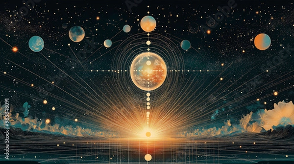 Fototapeta Celestial Harmony, featuring planets aligned along a central axis representing equilibrium, with copy space, The September Equinox