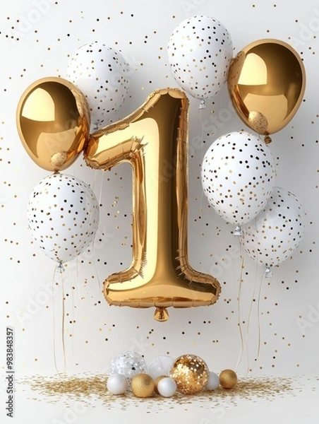Fototapeta Golden Balloon One:  A gold number one balloon with white and gold confetti balloons and shiny gold and white balls on a white background.  