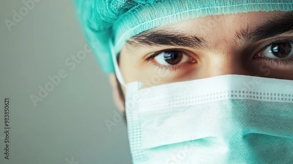 Obraz A skilled surgeon in a modern operating room, focused on a complex procedure. Dressed in scrubs, gloves, and a surgical mask, the surgeon is surrounded by advanced medical equipment 