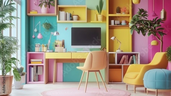 Fototapeta Colorful home office with vibrant walls, stylish desk, and cozy seating area, ai generated.