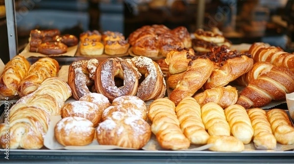 Fototapeta Delicious assorted pastry and bread arranged on tray selling at bakery shop, fresh sweet pastry and baked bread