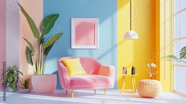 Fototapeta Bright living space with pink sofa, tropical plants, colorful walls, and round table, ai generated.