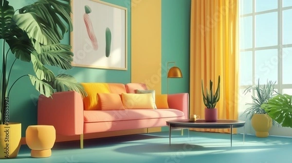 Fototapeta Living room with pink sofa, cushions, tropical plants, round table, and teal walls, ai generated.