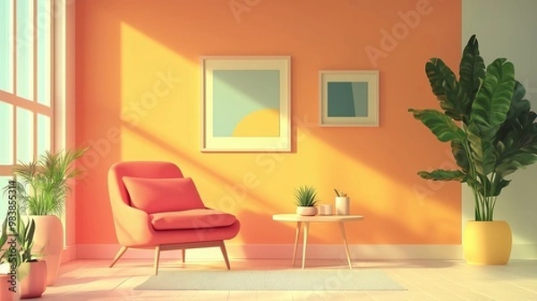 Fototapeta Bright living space with coral armchair, vibrant orange wall, geometric artwork, and lush greenery, illuminated by natural light. AI generated