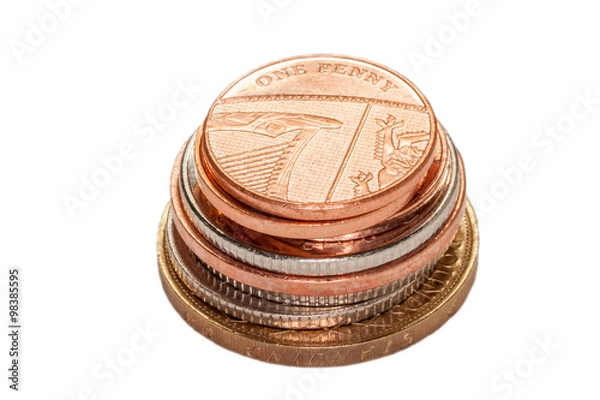 Fototapeta Stack of British Coins Isolated on White