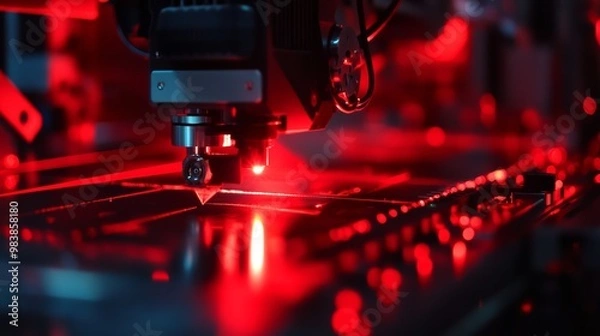 Obraz Industrial Robot Arm With Red Light.