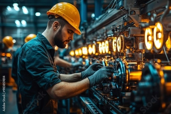 Fototapeta Industrial Worker Operating a Manufacturing Machine with Focused Precision