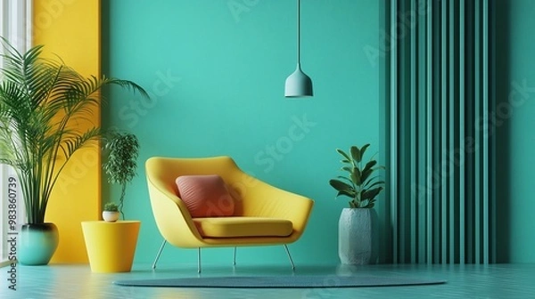 Fototapeta Interior with yellow armchair, red cushion, green plants, and turquoise walls, ai generated.
