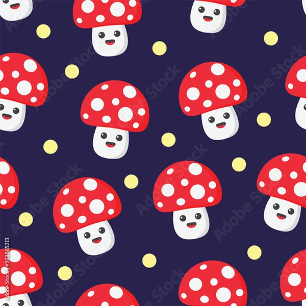 Fototapeta Seamless pattern of cartoon red mushrooms with dark blue background and yellow dots