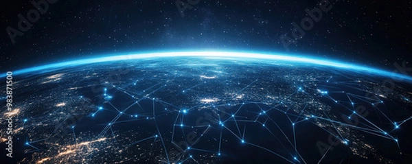Fototapeta Earth's electronic ecosystem featuring worldwide network activity in web banner