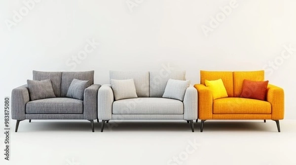 Obraz A picture with four modern sofas. Each sofa is a different style, with colors like gray