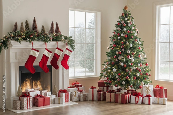 Fototapeta Festive Living Room Scene with Christmas Tree and Red and White Baubles