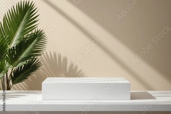 Obraz blank minimal white counter podium, soft beautiful dappled sunlight, tropical palm foliage leaf shadow on wall for luxury hygiene organic cosmetic, skincare, beauty treatment product background 3d