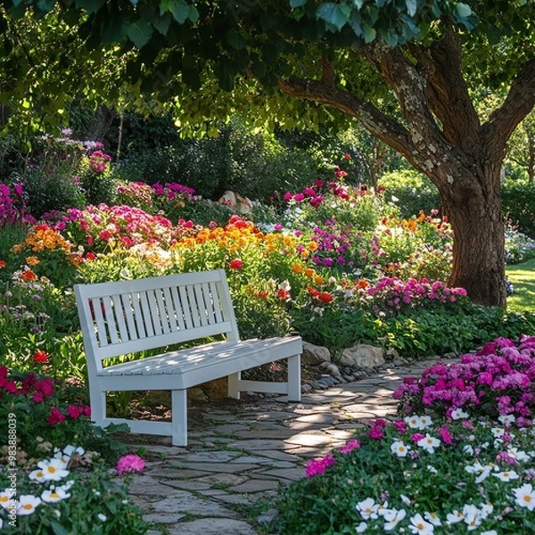 Fototapeta Lush garden in full bloom with a variety of colorful flowers, a white wooden bench under a flowering tree, serene garden setting