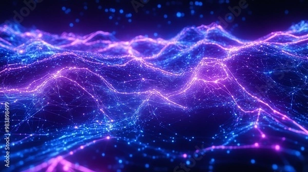 Fototapeta A vibrant and dynamic representation of a wave of colorful light, showcasing a blend of blue and purple hues in a digital landscape.