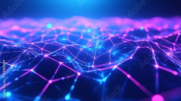 Obraz A vibrant network of interconnected nodes, illuminated in blue and pink hues, representing digital innovation and technology.