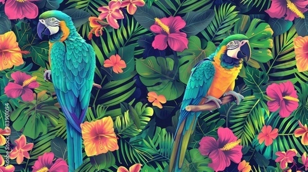 Fototapeta Tropical exotic pattern with macaws and flowers in bright colors and lush vegetation, generative AI