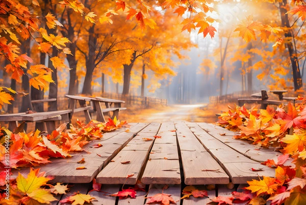 Obraz Wooden Empty wooden surface top with autumn park background.