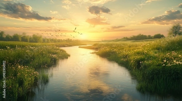Fototapeta A calm river flows through a vibrant plain at sunset, with birds soaring and gentle hills nearby.