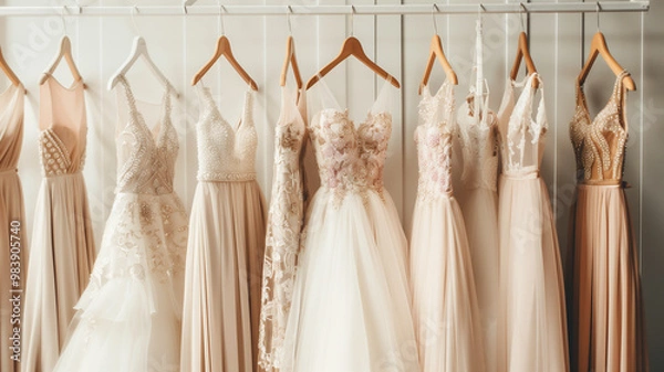 Fototapeta A clean and minimalist image of wedding dresses hanging on a modern rack.