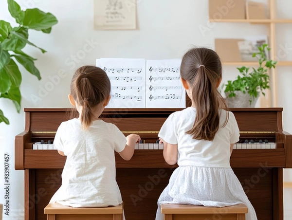 Fototapeta ピアノレッスンを受ける姉妹の後ろ姿　Generative AI