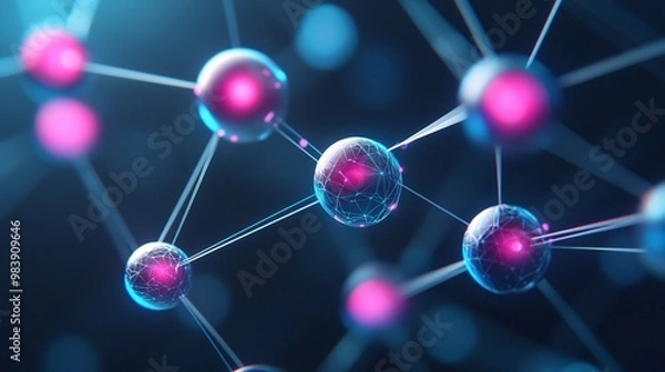 Fototapeta Abstract representation of molecular structure with glowing atoms and connections in a dark blue background, ideal for scientific themes.