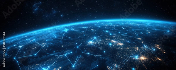 Fototapeta Global network of connected devices and digital marketplaces on banner layout