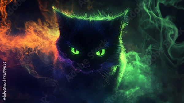 Obraz Enigmatic feline with piercing eyes surrounded by a fiery, colorful aura. Halloween vibe