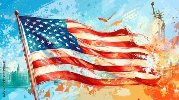 Fototapeta A vibrant USA flag waves in a blue sky, surrounded by landmarks and an eagle, symbolizing freedom.