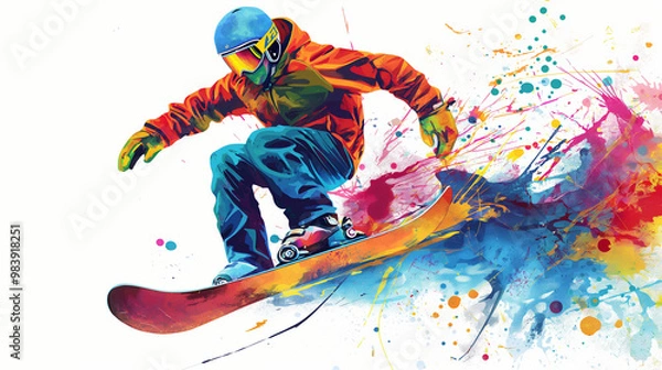 Obraz Snowboarder in a colorful outfit, vector illustration on a white background