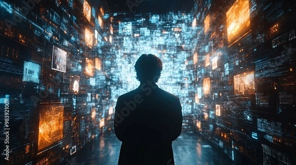 Fototapeta A lone figure stands before a wall of glowing digital data streams.