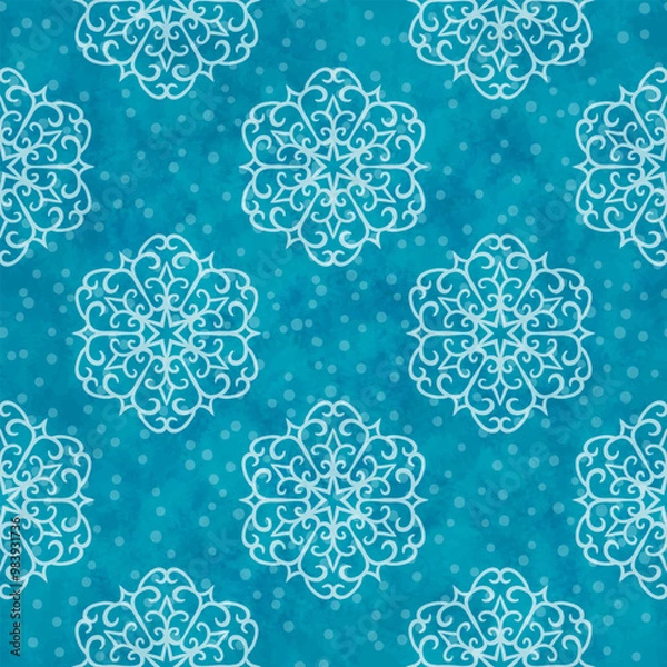 Fototapeta Winter seamless pattern with snow flakes on blue background. Vector Christmas seamless pattern. Hand drawn white snowflakes and blue watercolor texture for winter holidays cards and wrapping paper